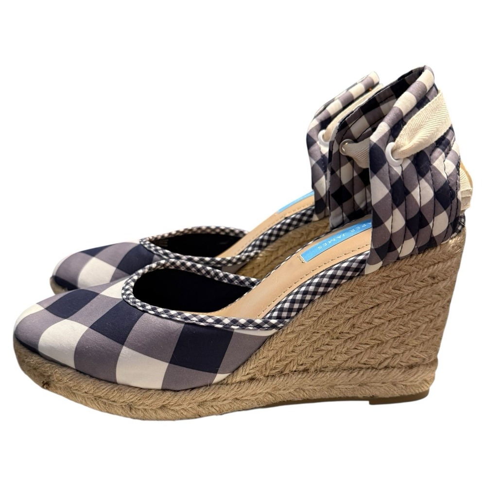 Draper‎ James Navy Gingham Espadrille Wedges Size 8 Ankle Wrap Southern Chic - Picture 2 of 13
